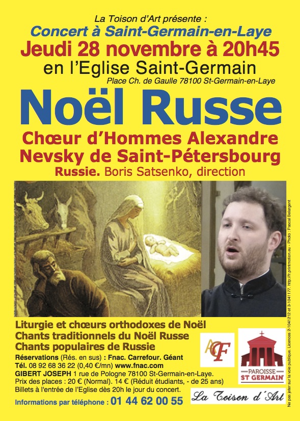 Affiche. Saint-Germain. NOËL RUSSE. Liturgie, chœurs orthodoxes. Chants traditionnels du Noël Russe. Chants populaires de Russie. 2019-11-28